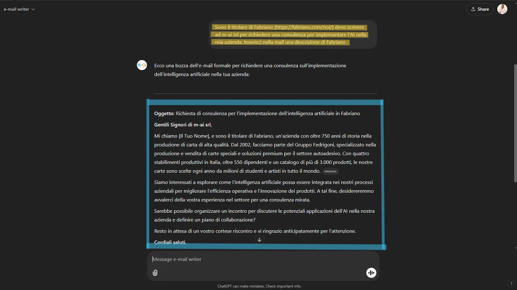 Altro esempio di e-mail generata